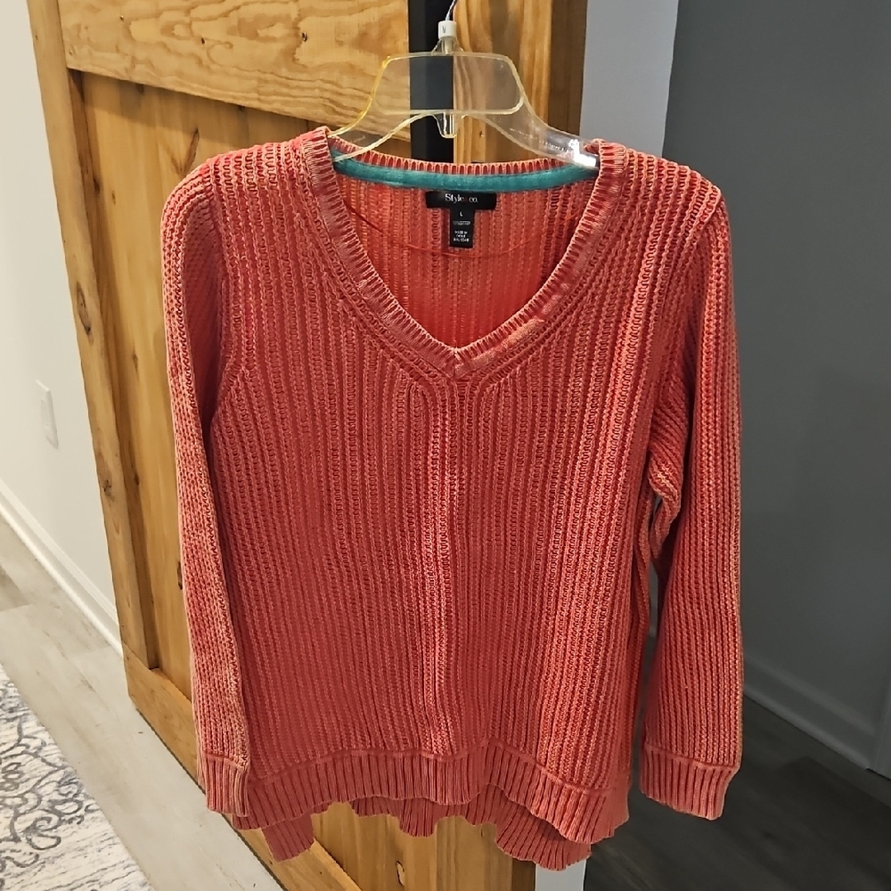 Rusty Orange V-Neck Ribbed Sweater with Relaxed Fit